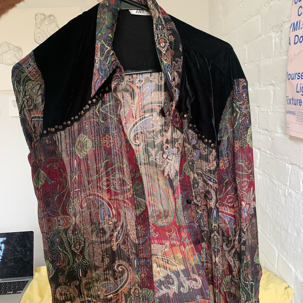 sheer Zara button down with velvet